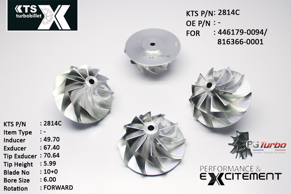Turbo ROUE FORGÉE MFS PERFORMANCE - 10+0 PALES - INDUCER : 49,7 - EXDUCER : 67,4 - TYPE : GT28ANGLE : 50° - ROTATION : Forward - SUPER BACK : 2,32 - BORE SIZE : 6

